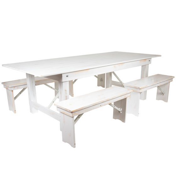 HERCULES Series 8' x 40" Antique Rustic White Folding Farm Table and Four 40.25"L Bench Set XA-FARM-2-WH-GG