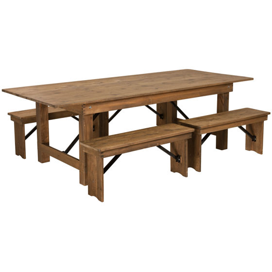 HERCULES Series 8' x 40'' Antique Rustic Folding Farm Table and Four 40.25"L Bench Set XA-FARM-2-GG