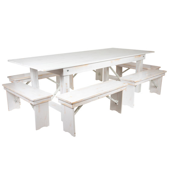 HERCULES Series 8' x 40" Antique Rustic White Folding Farm Table and Six Bench Set XA-FARM-3-WH-GG