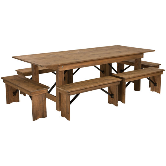 HERCULES Series 8' x 40'' Antique Rustic Folding Farm Table and Six Bench Set XA-FARM-3-GG