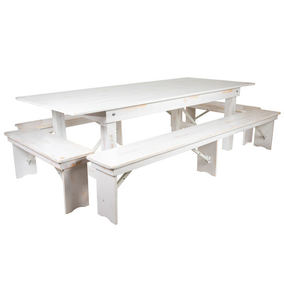 HERCULES Series 8' x 40" Antique Rustic White Folding Farm Table and Four Bench Set XA-FARM-5-WH-GG