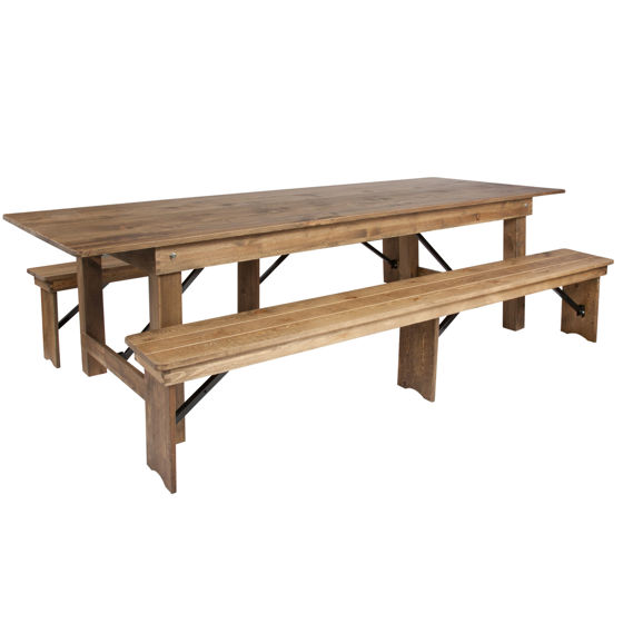 HERCULES Series 9' x 40'' Antique Rustic Folding Farm Table and Two Bench Set XA-FARM-6-GG