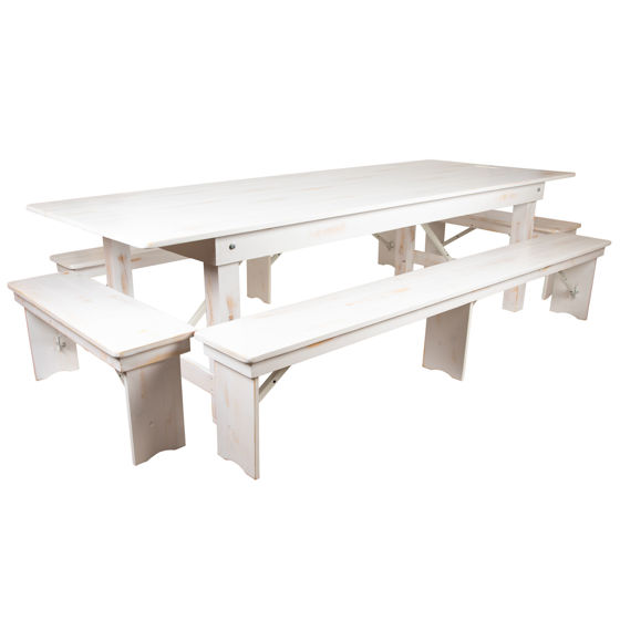 HERCULES Series 9' x 40" Antique Rustic White Folding Farm Table and Four Bench Set XA-FARM-7-WH-GG