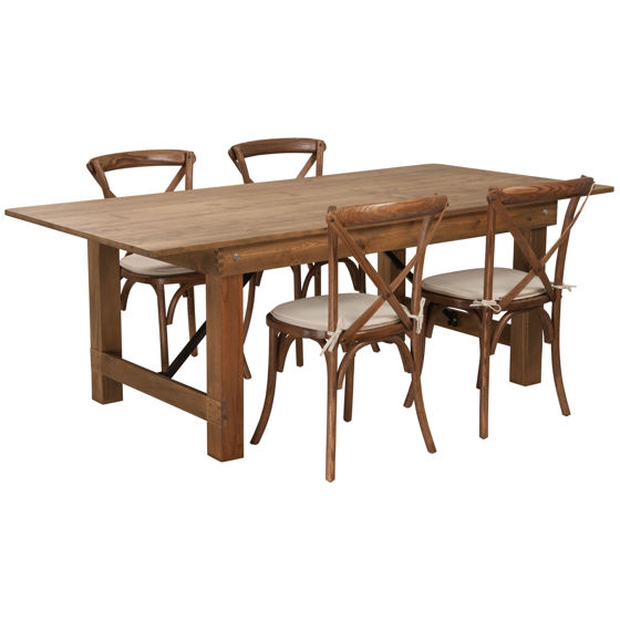 HERCULES Series 7' x 40'' Antique Rustic Folding Farm Table Set with 4 Cross Back Chairs and Cushions XA-FARM-8-GG