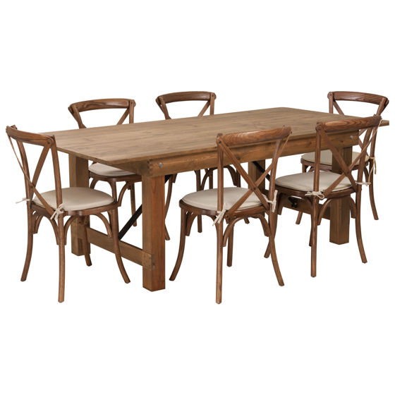 HERCULES Series 7' x 40'' Antique Rustic Folding Farm Table Set with 6 Cross Back Chairs and Cushions XA-FARM-9-GG