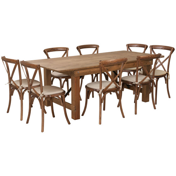 HERCULES Series 7' x 40'' Antique Rustic Folding Farm Table Set with 8 Cross Back Chairs and Cushions XA-FARM-10-GG