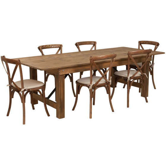 HERCULES Series 8' x 40'' Antique Rustic Folding Farm Table Set with 6 Cross Back Chairs and Cushions XA-FARM-11-GG