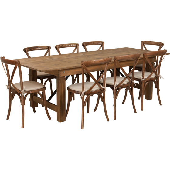 HERCULES Series 8' x 40'' Antique Rustic Folding Farm Table Set with 8 Cross Back Chairs and Cushions XA-FARM-12-GG