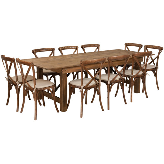 HERCULES Series 8' x 40'' Antique Rustic Folding Farm Table Set with 10 Cross Back Chairs and Cushions XA-FARM-13-GG