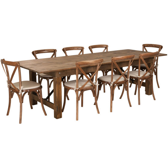 HERCULES Series 9' x 40'' Antique Rustic Folding Farm Table Set with 8 Cross Back Chairs and Cushions XA-FARM-14-GG