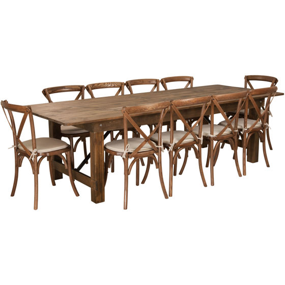 HERCULES Series 9' x 40'' Antique Rustic Folding Farm Table Set with 10 Cross Back Chairs and Cushions XA-FARM-15-GG