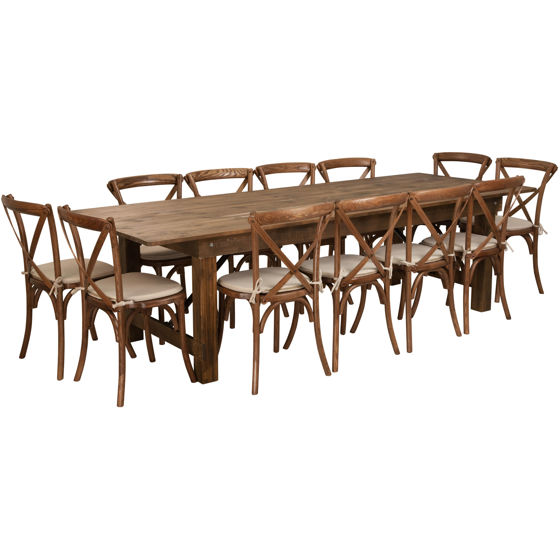 HERCULES Series 9' x 40'' Antique Rustic Folding Farm Table Set with 12 Cross Back Chairs and Cushions XA-FARM-16-GG