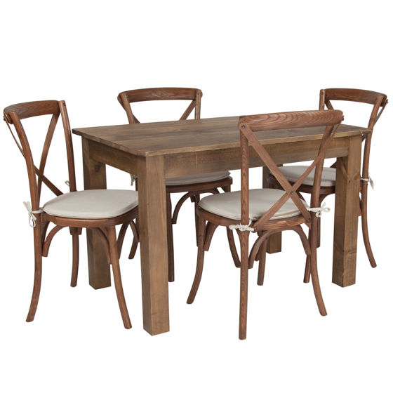 46" x 30" Antique Rustic Farm Table Set with 4 Cross Back Chairs and Cushions XA-FARM-17-GG