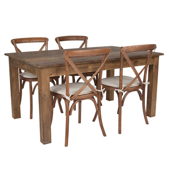 60" x 38" Antique Rustic Farm Table Set with 4 Cross Back Chairs and Cushions XA-FARM-18-GG