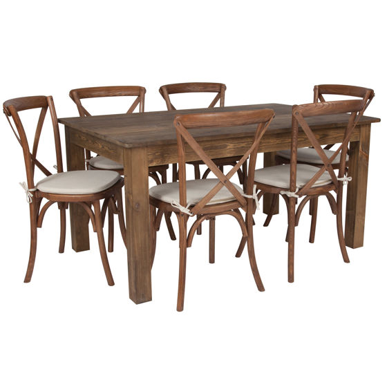 60" x 38" Antique Rustic Farm Table Set with 6 Cross Back Chairs and Cushions XA-FARM-19-GG