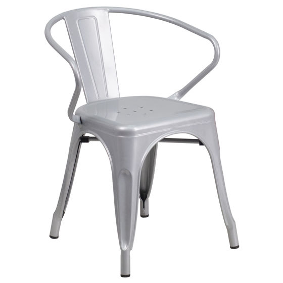 Commercial Grade Silver Metal Indoor-Outdoor Chair with Arms CH-31270-SIL-GG