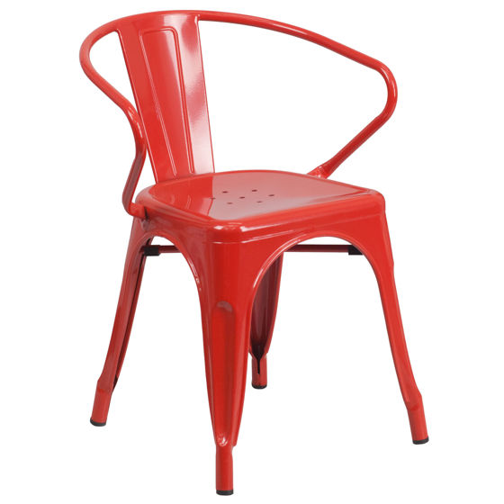 Commercial Grade Red Metal Indoor-Outdoor Chair with Arms CH-31270-RED-GG