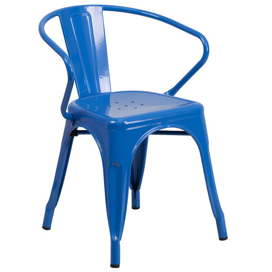 Commercial Grade Blue Metal Indoor-Outdoor Chair with Arms CH-31270-BL-GG