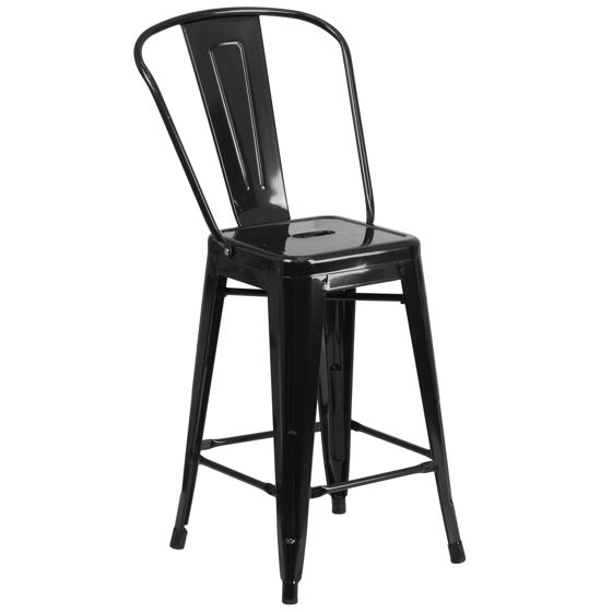 Commercial Grade 24" High Black Metal Indoor-Outdoor Counter Height Stool with Removable Back CH-31320-24GB-BK-GG