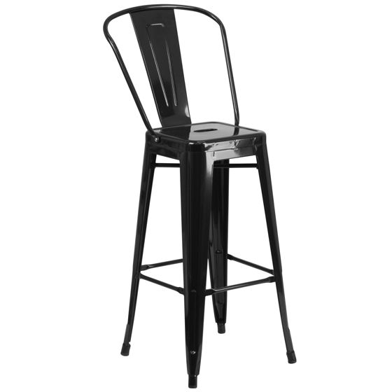 Commercial Grade 30" High Black Metal Indoor-Outdoor Barstool with Removable Back CH-31320-30GB-BK-GG