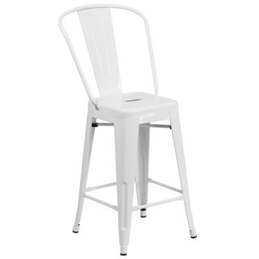 Commercial Grade 24" High White Metal Indoor-Outdoor Counter Height Stool with Removable Back CH-31320-24GB-WH-GG