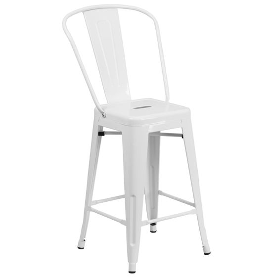 Commercial Grade 24" High White Metal Indoor-Outdoor Counter Height Stool with Removable Back CH-31320-24GB-WH-GG
