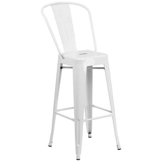 Commercial Grade 30" High White Metal Indoor-Outdoor Barstool with Removable Back CH-31320-30GB-WH-GG