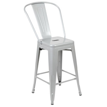Commercial Grade 24" High Silver Metal Indoor-Outdoor Counter Height Stool with Removable Back CH-31320-24GB-SIL-GG