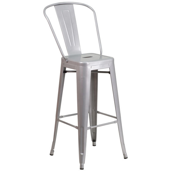 Commercial Grade 30" High Silver Metal Indoor-Outdoor Barstool with Removable Back CH-31320-30GB-SIL-GG