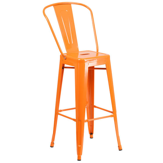 Commercial Grade 30" High Orange Metal Indoor-Outdoor Barstool with Removable Back CH-31320-30GB-OR-GG