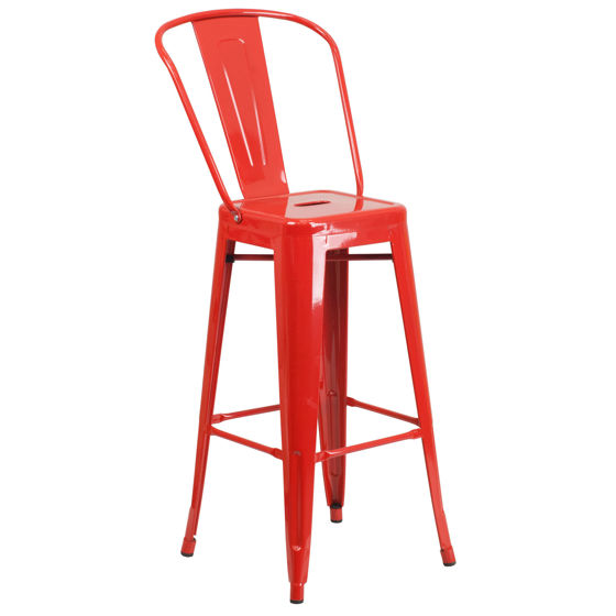 Commercial Grade 30" High Red Metal Indoor-Outdoor Barstool with Removable Back CH-31320-30GB-RED-GG
