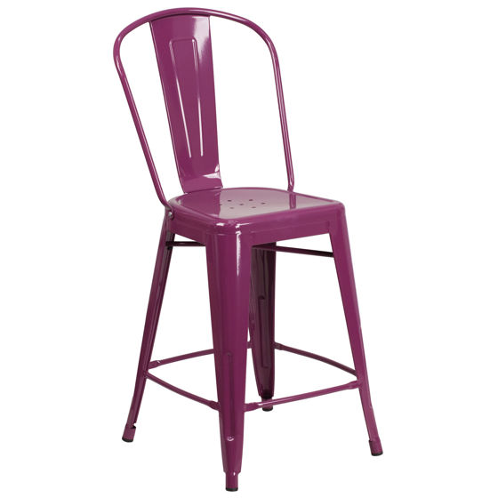 Commercial Grade 24" High Purple Metal Indoor-Outdoor Counter Height Stool with Back ET-3534-24-PUR-GG