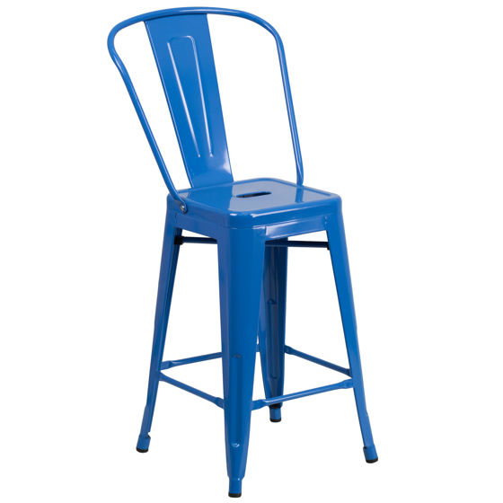 Commercial Grade 24" High Blue Metal Indoor-Outdoor Counter Height Stool with Removable Back CH-31320-24GB-BL-GG