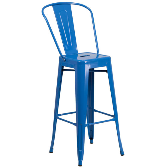 Commercial Grade 30" High Blue Metal Indoor-Outdoor Barstool with Removable Back CH-31320-30GB-BL-GG