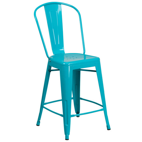 Commercial Grade 24" High Crystal Teal-Blue Metal Indoor-Outdoor Counter Height Stool with Back ET-3534-24-CB-GG