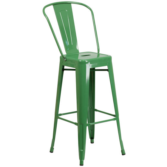 Commercial Grade 30" High Green Metal Indoor-Outdoor Barstool with Removable Back CH-31320-30GB-GN-GG