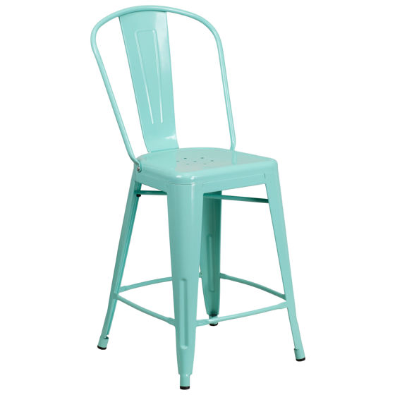 Commercial Grade 24" High Mint Green Metal Indoor-Outdoor Counter Height Stool with Back ET-3534-24-MINT-GG