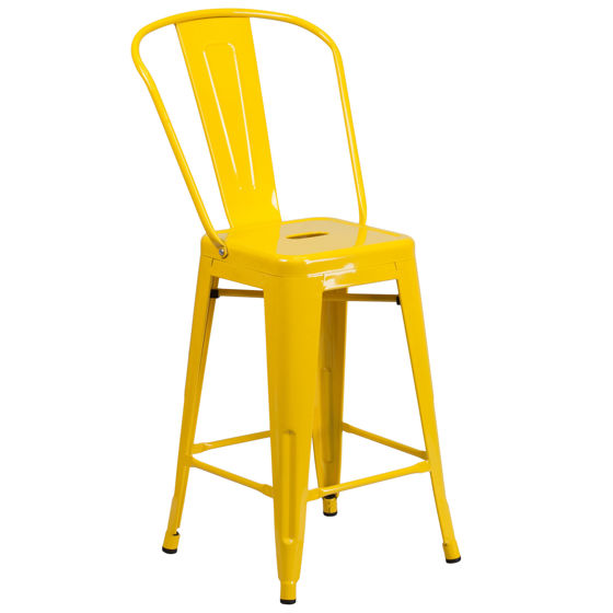 Commercial Grade 24" High Yellow Metal Indoor-Outdoor Counter Height Stool with Removable Back CH-31320-24GB-YL-GG