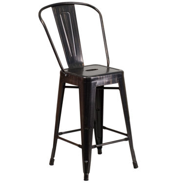 Commercial Grade 24" High Black-Antique Gold Metal Indoor-Outdoor Counter Height Stool with Removable Back CH-31320-24GB-BQ-GG