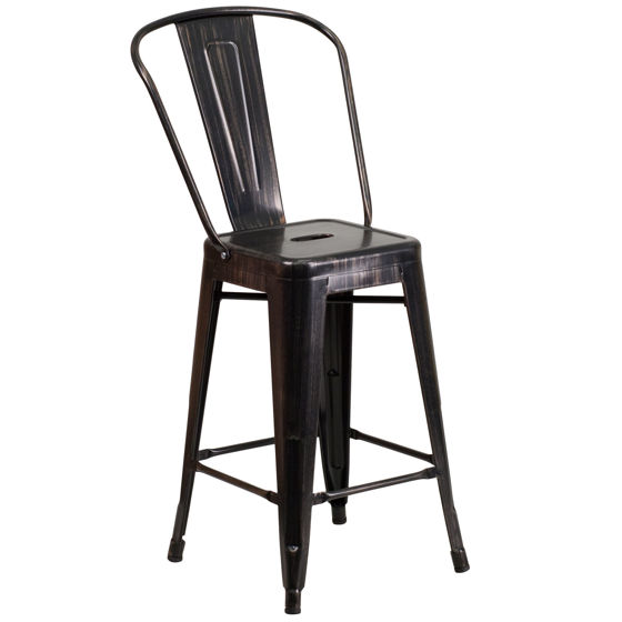 Commercial Grade 24" High Black-Antique Gold Metal Indoor-Outdoor Counter Height Stool with Removable Back CH-31320-24GB-BQ-GG