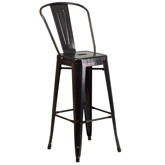 Commercial Grade 30" High Black-Antique Gold Metal Indoor-Outdoor Barstool with Removable Back CH-31320-30GB-BQ-GG