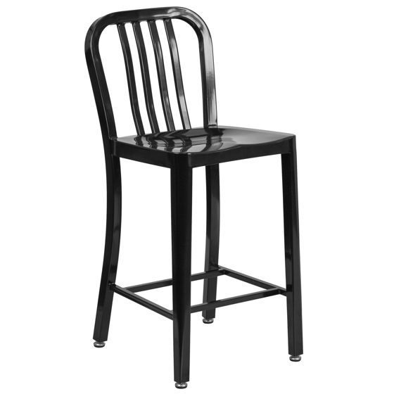 Commercial Grade 24" High Black Metal Indoor-Outdoor Counter Height Stool with Vertical Slat Back CH-61200-24-BK-GG