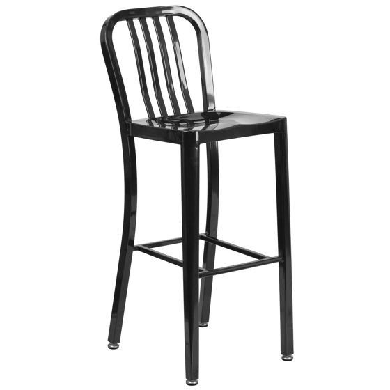 Commercial Grade 30" High Black Metal Indoor-Outdoor Barstool with Vertical Slat Back CH-61200-30-BK-GG