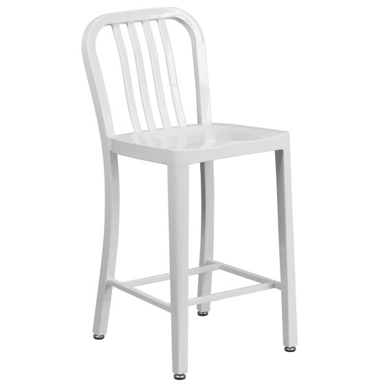 Commercial Grade 24" High White Metal Indoor-Outdoor Counter Height Stool with Vertical Slat Back CH-61200-24-WH-GG