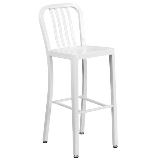 Commercial Grade 30" High White Metal Indoor-Outdoor Barstool with Vertical Slat Back CH-61200-30-WH-GG