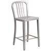 Commercial Grade 24" High Silver Metal Indoor-Outdoor Counter Height Stool with Vertical Slat Back CH-61200-24-SIL-GG