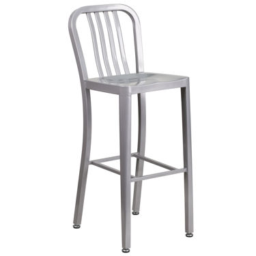 Commercial Grade 30" High Silver Metal Indoor-Outdoor Barstool with Vertical Slat Back CH-61200-30-SIL-GG