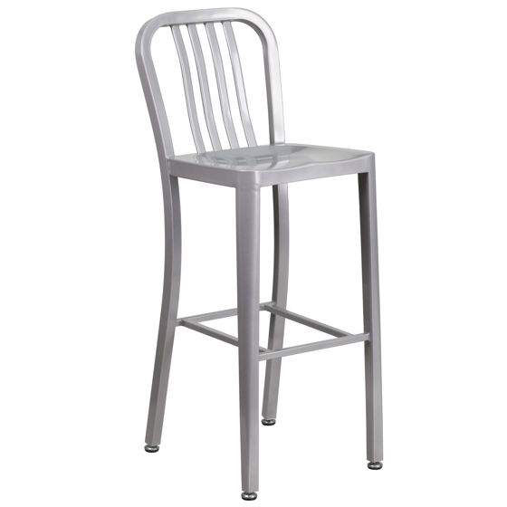 Commercial Grade 30" High Silver Metal Indoor-Outdoor Barstool with Vertical Slat Back CH-61200-30-SIL-GG