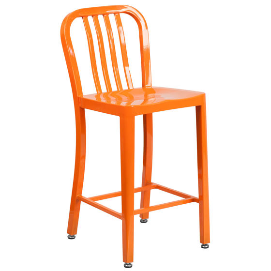 Commercial Grade 24" High Orange Metal Indoor-Outdoor Counter Height Stool with Vertical Slat Back  CH-61200-24-OR-GG