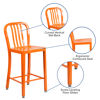 Commercial Grade 24" High Orange Metal Indoor-Outdoor Counter Height Stool with Vertical Slat Back  CH-61200-24-OR-GG